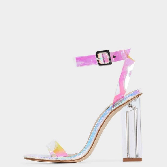 NEW🔥 Iridescent Ankle Strap Lucite Heel Sandals - Picture 2 of 5